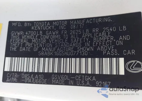 2017 Lexus Es 350 из США, поврежденный, VIN 58ABK1GG5HU077130